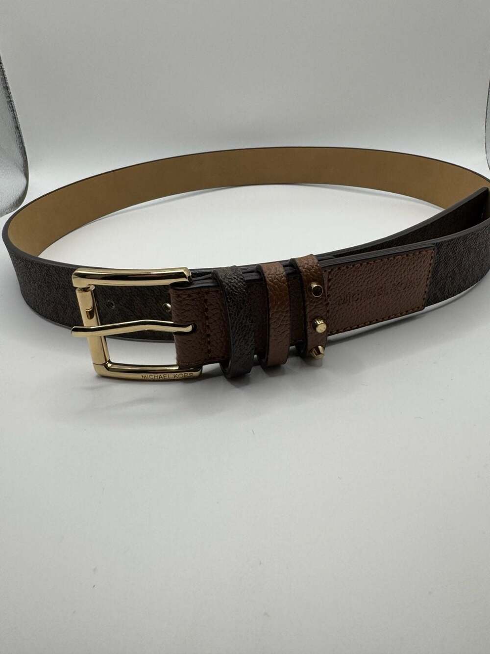 Michael Kors Logo Belt Size M Brown MK Monogram Triple Loop Studded